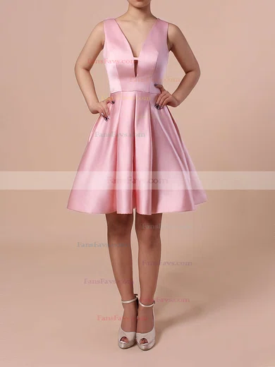 A-line V-neck Satin Short/Mini Short Prom Dresses #Favs020103512