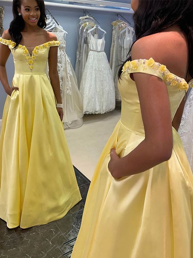 A-line Off-the-shoulder Satin Floor-length Prom Dresses With Flower(s) #Favs020109618