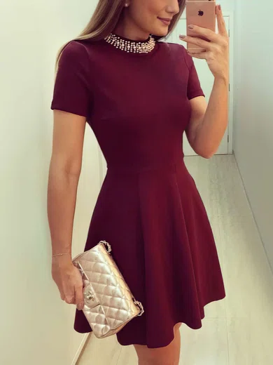 A-line Scoop Neck Stretch Crepe Short/Mini Beading Short Prom Dresses #Favs020103523