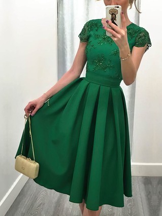 Casual A-line Scoop Neck Satin Tulle Knee-length Appliques Lace Backless Short Sleeve Short Prom Dresses #Favs020103716 Casual A-line Scoop Neck Satin Tulle Knee-length Appliques Lace Backless Short Sleeve Short Prom Dresses #Favs020103716