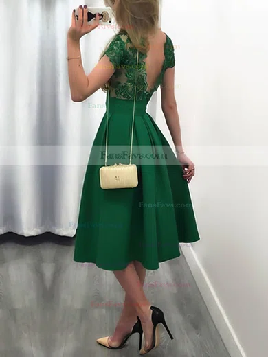 Casual A-line Scoop Neck Satin Tulle Knee-length Appliques Lace Backless Short Sleeve Short Prom Dresses #Favs020103716