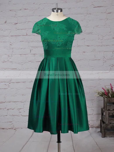 Casual A-line Scoop Neck Satin Tulle Knee-length Appliques Lace Backless Short Sleeve Short Prom Dresses #Favs020103716