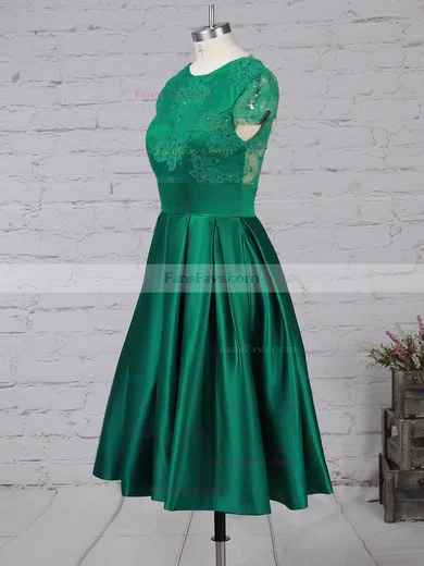 Casual A-line Scoop Neck Satin Tulle Knee-length Appliques Lace Backless Short Sleeve Short Prom Dresses #Favs020103716