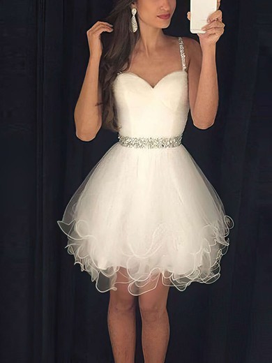 A-line Sweetheart Tulle Short/Mini Beading Prom Dresses #Favs020103722