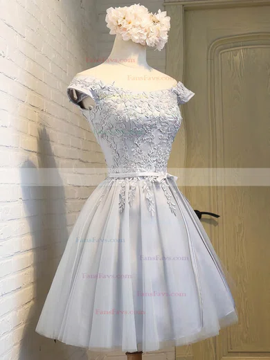 A-line Off-the-shoulder Satin Tulle Short/Mini Sashes / Ribbons For Cheap Short Prom Dresses #Favs020103756