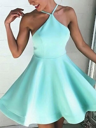 A-line Halter Satin Short/Mini Ruffles Backless Casual Short Prom Dresses #Favs020103769 A-line Halter Satin Short/Mini Ruffles Backless Casual Short Prom Dresses #Favs020103769