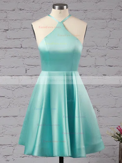 A-line Halter Satin Short/Mini Ruffles Backless Casual Short Prom Dresses #Favs020103769