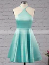 A-line Halter Satin Short/Mini Ruffles Backless Casual Short Prom Dresses #Favs020103769