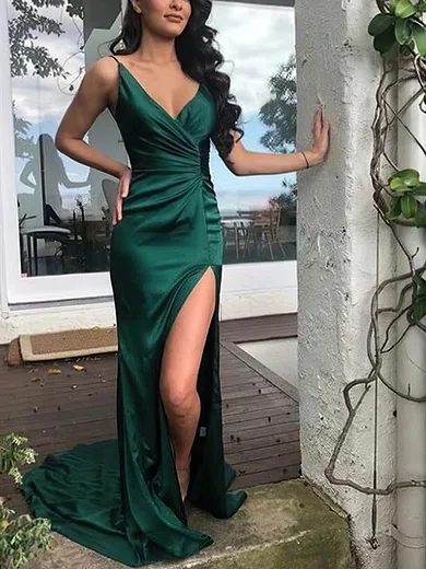 Sheath/Column V-neck Silk-like Satin Sweep Train Prom Dresses With Split Front #Favs020109735