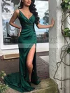 Sheath/Column V-neck Silk-like Satin Sweep Train Prom Dresses With Split Front #Favs020109735