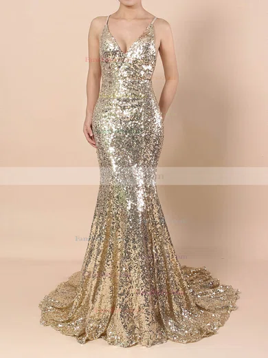 Trumpet/Mermaid V-neck Sequined Sweep Train Prom Dresses #Favs020103494
