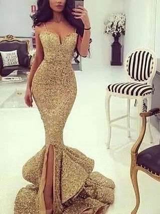 Trumpet/Mermaid V-neck Sequined Sweep Train Split Front Prom Dresses #Favs020103699 Trumpet/Mermaid V-neck Sequined Sweep Train Split Front Prom Dresses #Favs020103699