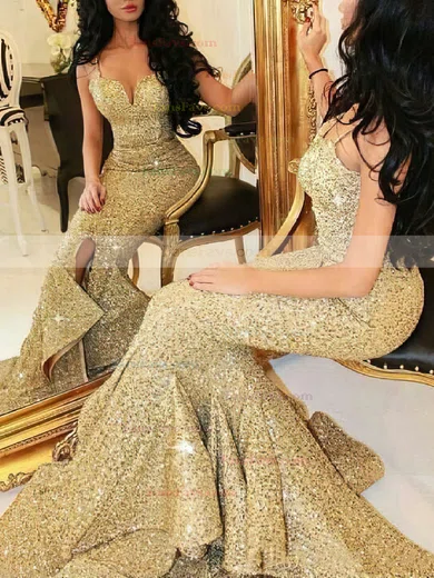 Trumpet/Mermaid V-neck Sequined Sweep Train Split Front Prom Dresses #Favs020103699