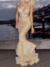 Trumpet/Mermaid V-neck Sequined Sweep Train Split Front Prom Dresses #Favs020103699