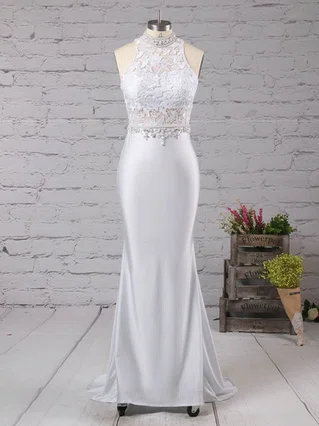 Trumpet/Mermaid High Neck Lace Jersey Sweep Train Beading Prom Dresses #Favs020104545