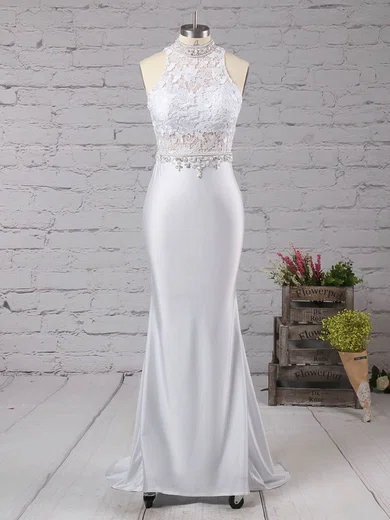 Trumpet/Mermaid High Neck Lace Jersey Sweep Train Beading Prom Dresses #Favs020104545