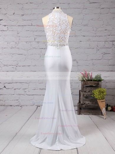 Trumpet/Mermaid High Neck Lace Jersey Sweep Train Beading Prom Dresses #Favs020104545