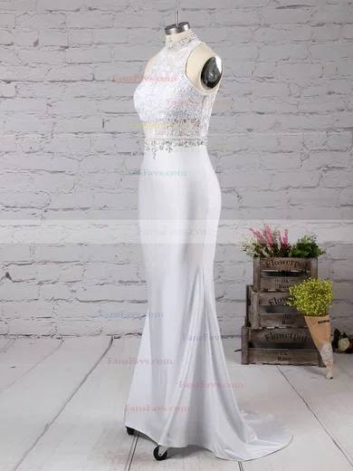 Trumpet/Mermaid High Neck Lace Jersey Sweep Train Beading Prom Dresses #Favs020104545