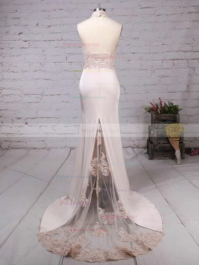 Trumpet/Mermaid Halter Jersey Court Train Appliques Lace Prom Dresses #Favs020103600