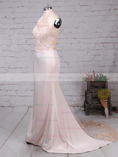 Trumpet/Mermaid Halter Jersey Court Train Appliques Lace Prom Dresses #Favs020103600