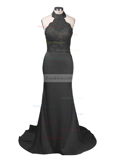 Trumpet/Mermaid Halter Jersey Court Train Appliques Lace Prom Dresses #Favs020103600