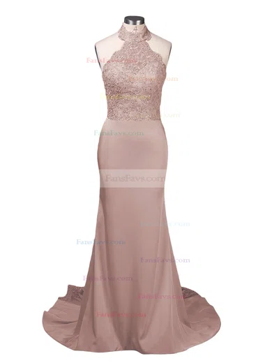 Trumpet/Mermaid Halter Jersey Court Train Appliques Lace Prom Dresses #Favs020103600