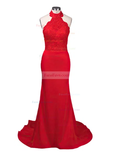 Trumpet/Mermaid Halter Jersey Court Train Appliques Lace Prom Dresses #Favs020103600