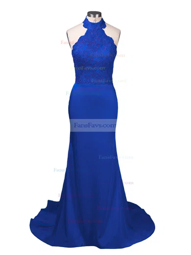 Trumpet/Mermaid Halter Jersey Court Train Appliques Lace Prom Dresses #Favs020103600