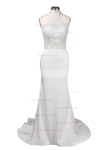 Trumpet/Mermaid Halter Jersey Court Train Appliques Lace Prom Dresses #Favs020103600