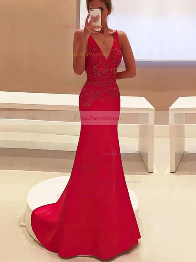 Trumpet/Mermaid V-neck Satin Sweep Train Appliques Lace Prom Dresses #Favs020103760