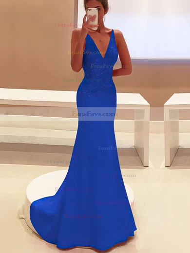 Trumpet/Mermaid V-neck Satin Sweep Train Appliques Lace Prom Dresses #Favs020103760