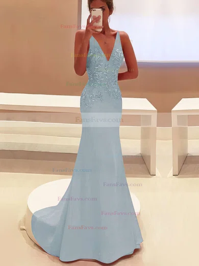 Trumpet/Mermaid V-neck Satin Sweep Train Appliques Lace Prom Dresses #Favs020103760