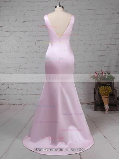 Sheath/Column Scoop Neck Silk-like Satin Sweep Train Prom Dresses #Favs020104408