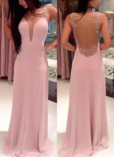 A-line V-neck Chiffon Tulle Sweep Train Beading Prom Dresses #Favs02016058