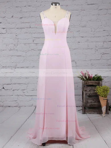 A-line V-neck Chiffon Tulle Sweep Train Beading Prom Dresses #Favs02016058