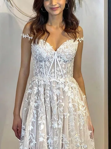 A-line Off-the-shoulder Lace Tulle Sweep Train Prom Dresses With Appliques Lace #Favs020109489