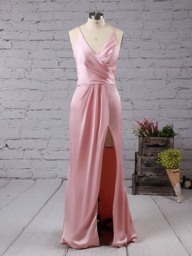 Trumpet/Mermaid V-neck Silk-like Satin Floor-length Split Front Prom Dresses #Favs020104553