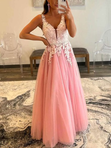 A-line V-neck Lace Tulle Sweep Train Prom Dresses With Beading #Favs020109497