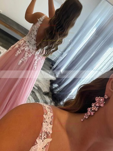 A-line V-neck Lace Tulle Sweep Train Prom Dresses With Beading #Favs020109497