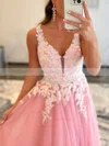 A-line V-neck Lace Tulle Sweep Train Prom Dresses With Beading #Favs020109497