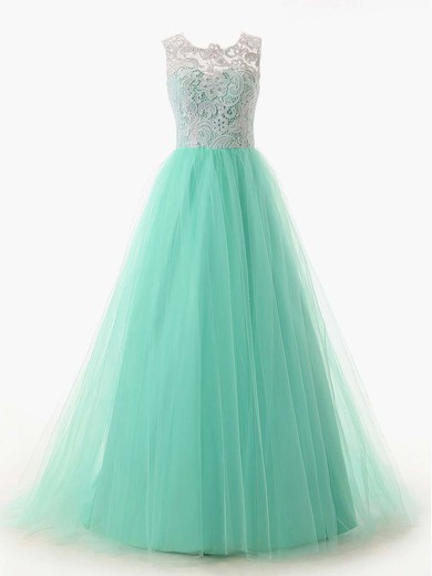 A-line Scoop Neck Lace Tulle Sweep Train Prom Dresses #Favs020101174