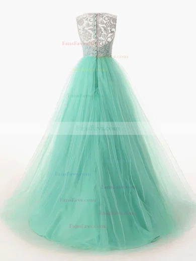 A-line Scoop Neck Lace Tulle Sweep Train Prom Dresses #Favs020101174