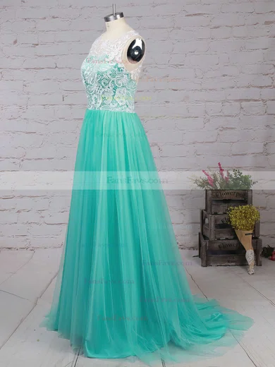 A-line Scoop Neck Lace Tulle Sweep Train Prom Dresses #Favs020101174