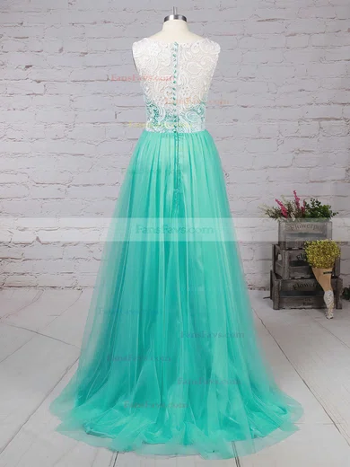 A-line Scoop Neck Lace Tulle Sweep Train Prom Dresses #Favs020101174