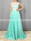 A-line Scoop Neck Lace Tulle Sweep Train Prom Dresses #Favs020101174
