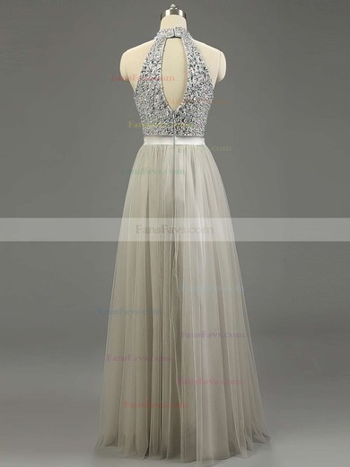 A-line High Neck Tulle Floor-length Beading Prom Dresses #Favs020101636