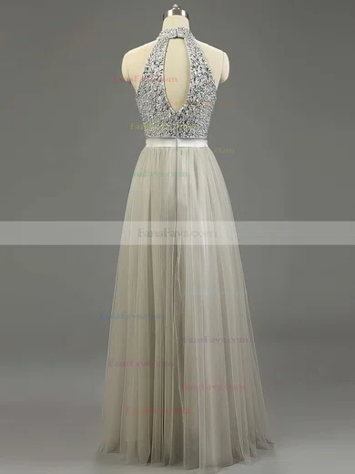 A-line High Neck Tulle Floor-length Beading Prom Dresses #Favs020101636