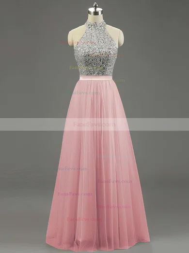 A-line High Neck Tulle Floor-length Beading Prom Dresses #Favs020101636