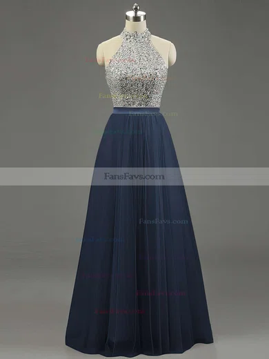 A-line High Neck Tulle Floor-length Beading Prom Dresses #Favs020101636