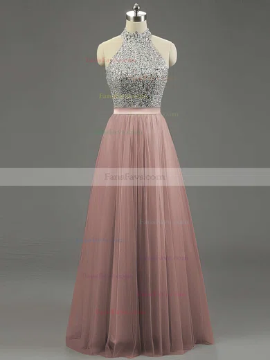 A-line High Neck Tulle Floor-length Beading Prom Dresses #Favs020101636